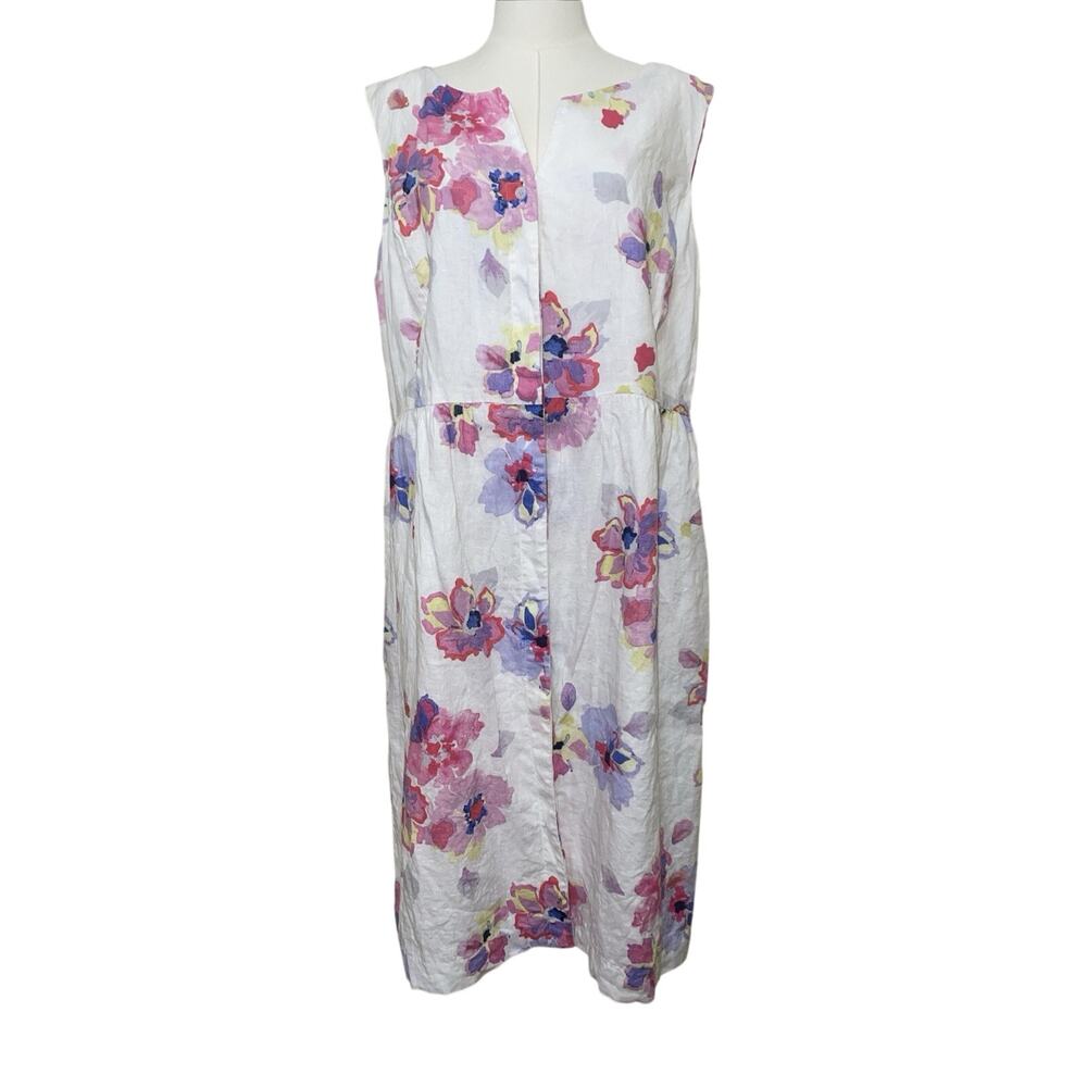 Joules Lisia Size 14White Pink Floral Button Front Flax Linen Sleeveless dress